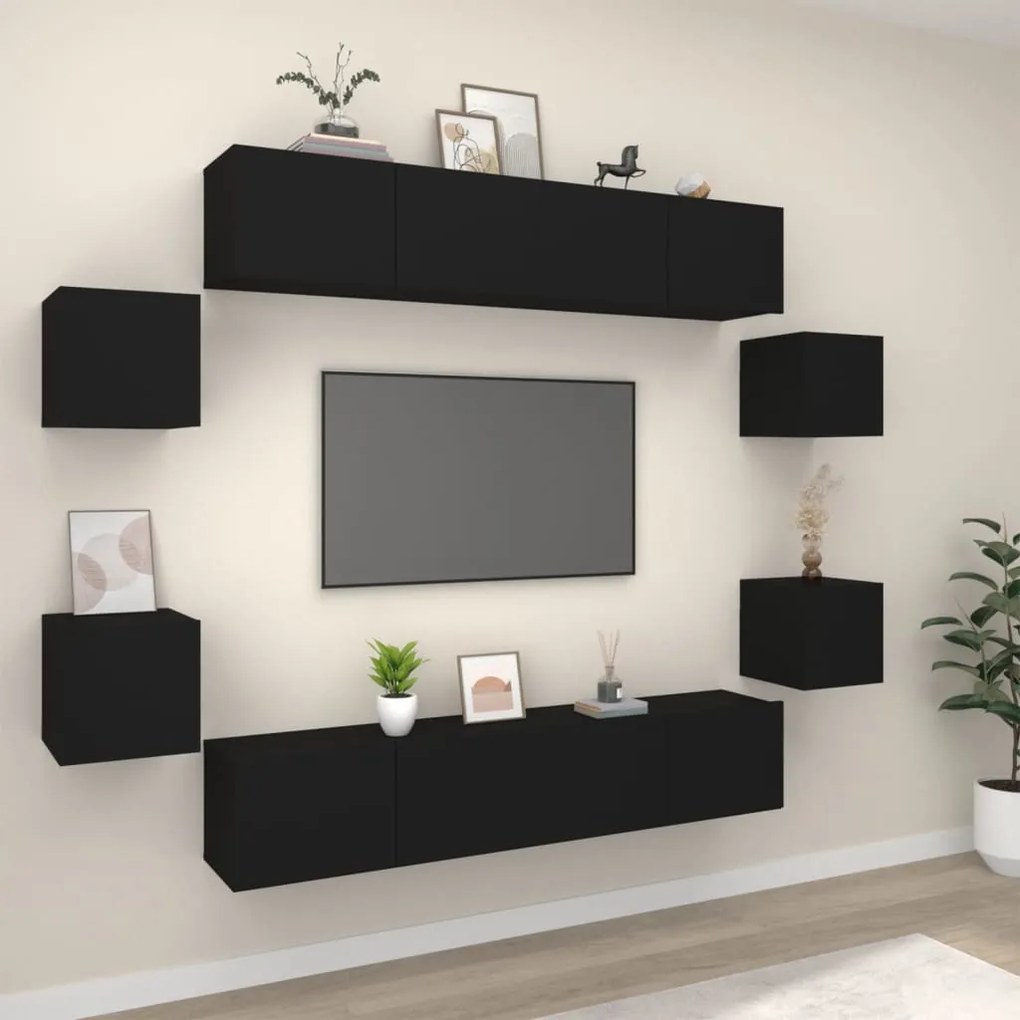 vidaXL Conjunto móveis de TV 8 pcs madeira processada preto