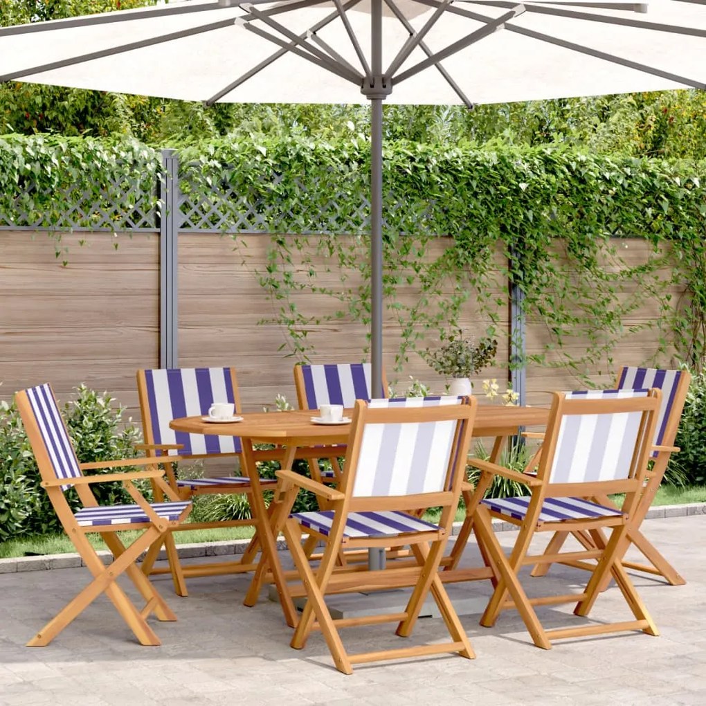 Cadeiras de jardim dobráveis 6 pcs tecido/madeira azul e branco