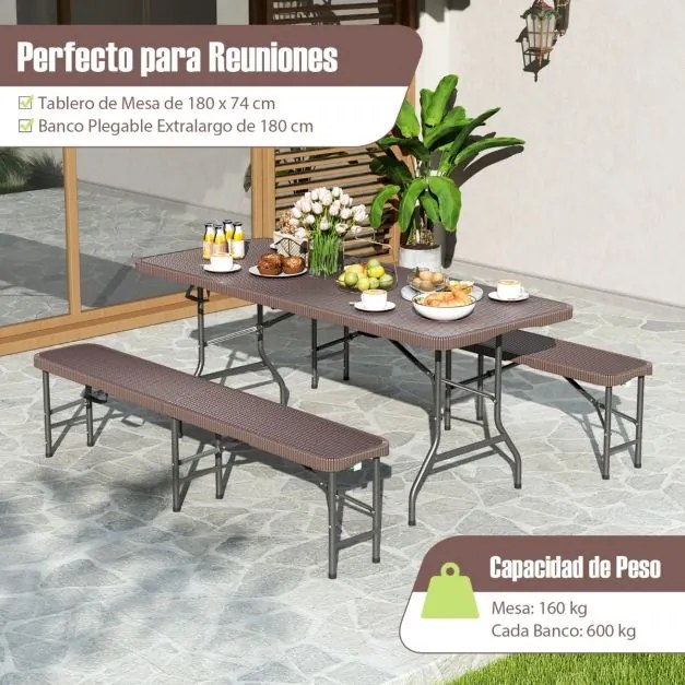 Mesa e 2 bancos para piquenique de 180 cm com superfície em HDPE portátil para acampamento Café