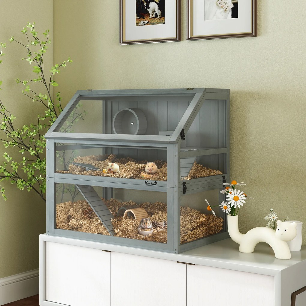 Gaiola para hamsters 80 x 50 x 76 cm e roedores com 3 níveis, base removível e funda, casinha, Baloiço, cinzento claro