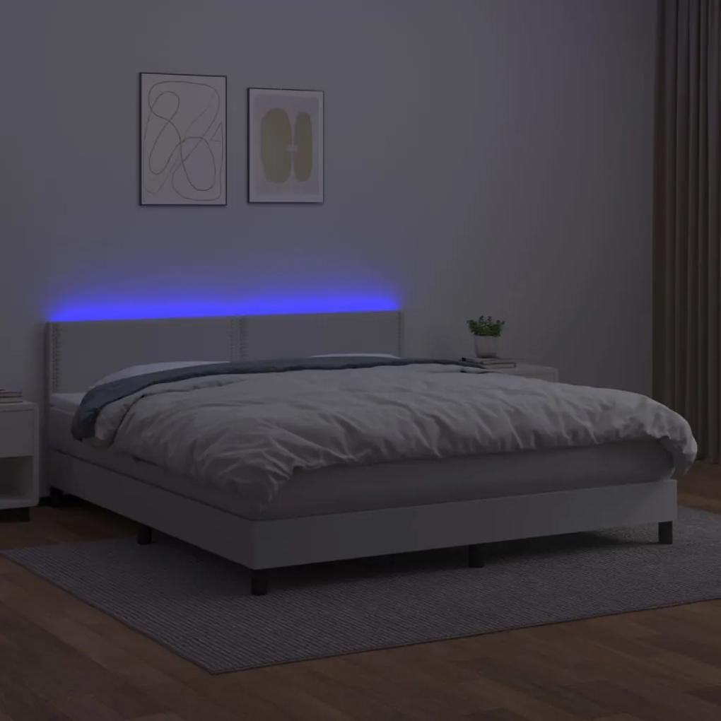 Cama box spring c/colchão/LED 160x200cm couro artificial branco