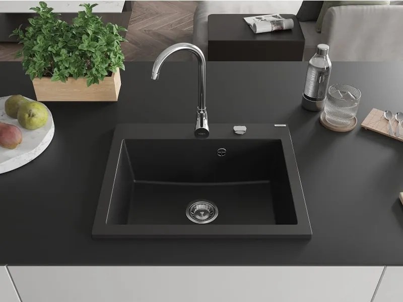 Mexen Elix lava-louça de granito de 1 câmara 600 x 500 mm, preto, sifão cromado - 6525601005-77