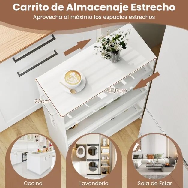 Carrinho cozinha estreito de 20 cm com estação de carregamento de 4 níveis Branco