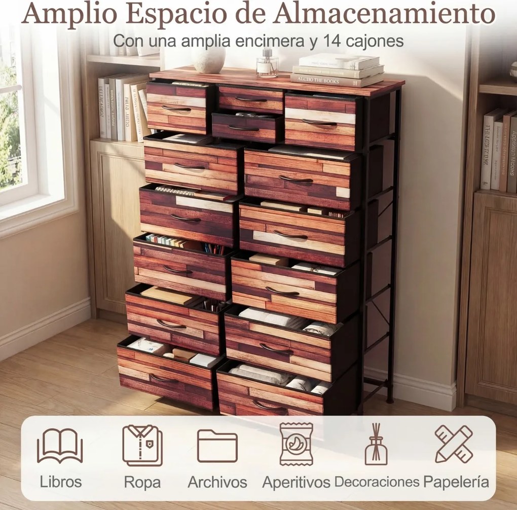 Cómoda com 14 gavetas com gavetas em tecido 85 x 30 x 120 cm, estrutura metálica, organizador para quarto Preto + Castanho