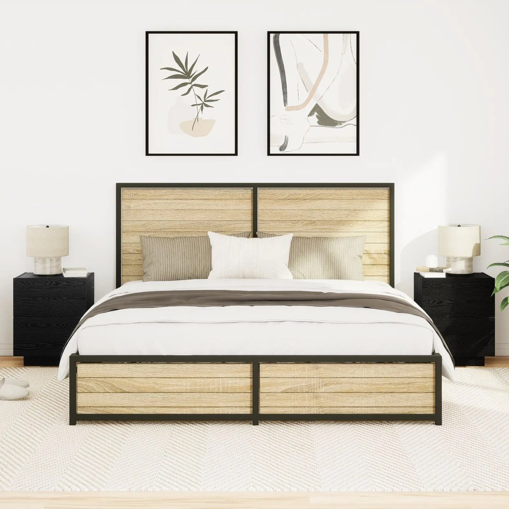 Cômodas de Cabeceira com Luzes LED 2 pcs Carvalho Preto 45x40x55 cm
