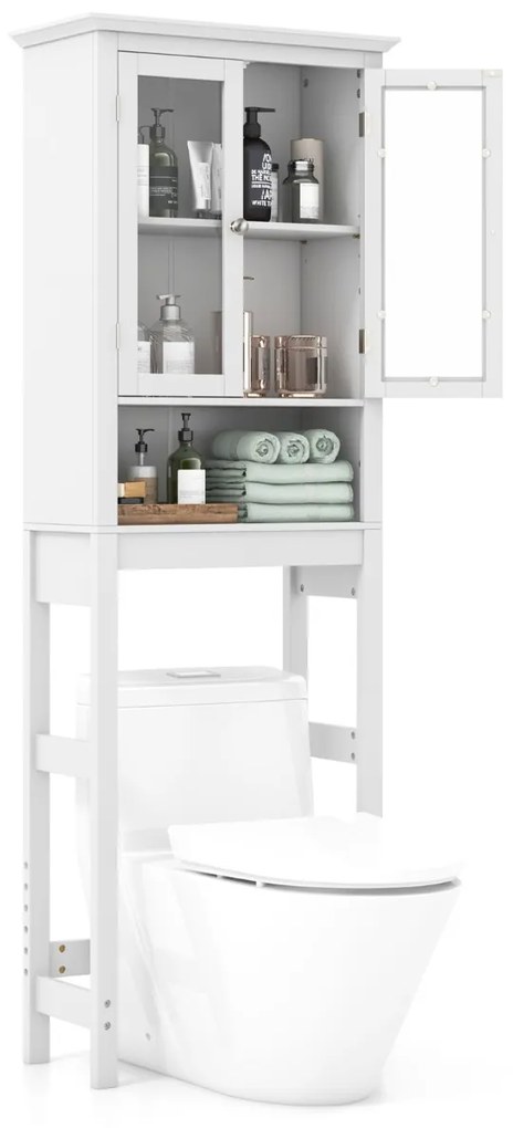 Armário organizador para casa de banho para cima da sanita com prateleira regulável e portas de vidro duplo 60 x 30 x 173 cm branco