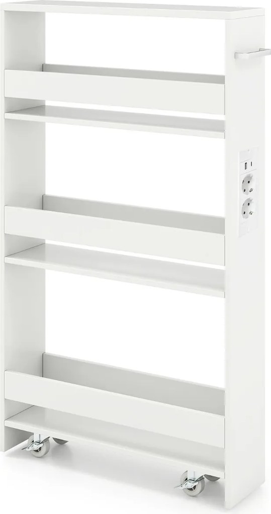 Carrinho cozinha estreito 47,5 x 13 x 80,5 cm com estação de carregamento de 4 níveis com rodas bloqueáveis Branco