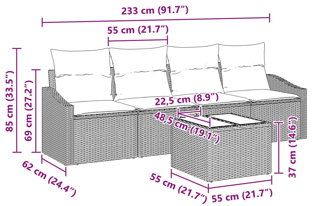 Conjunto de Jantar 5 Peças com Almofadas Cinza Vime PE