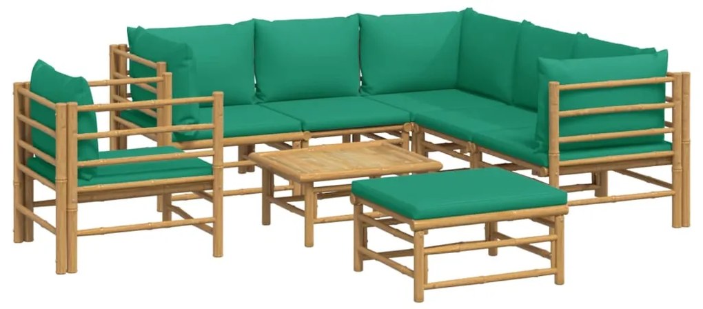 8 pcs conjunto lounge de jardim bambu c/ almofadões verdes