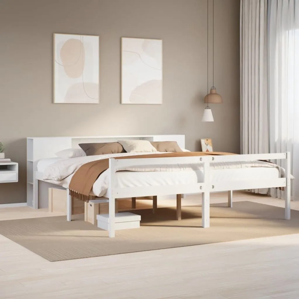 vidaXL Cama com estante sem colchão 180x200 cm pinho maciço branco