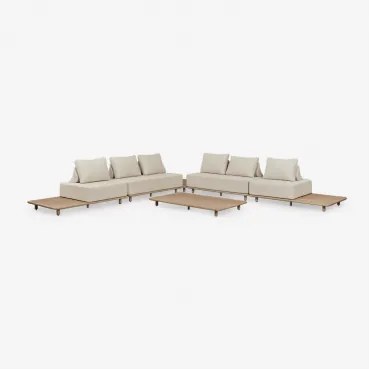 Conjunto De Jardim Com Sofá Modular De Canto De 4 Peças Com Mesa Auxiliar E Mesa De Centro 160x95 Cm Em Acácia Portet Marrom Acácia Claro - Sklum