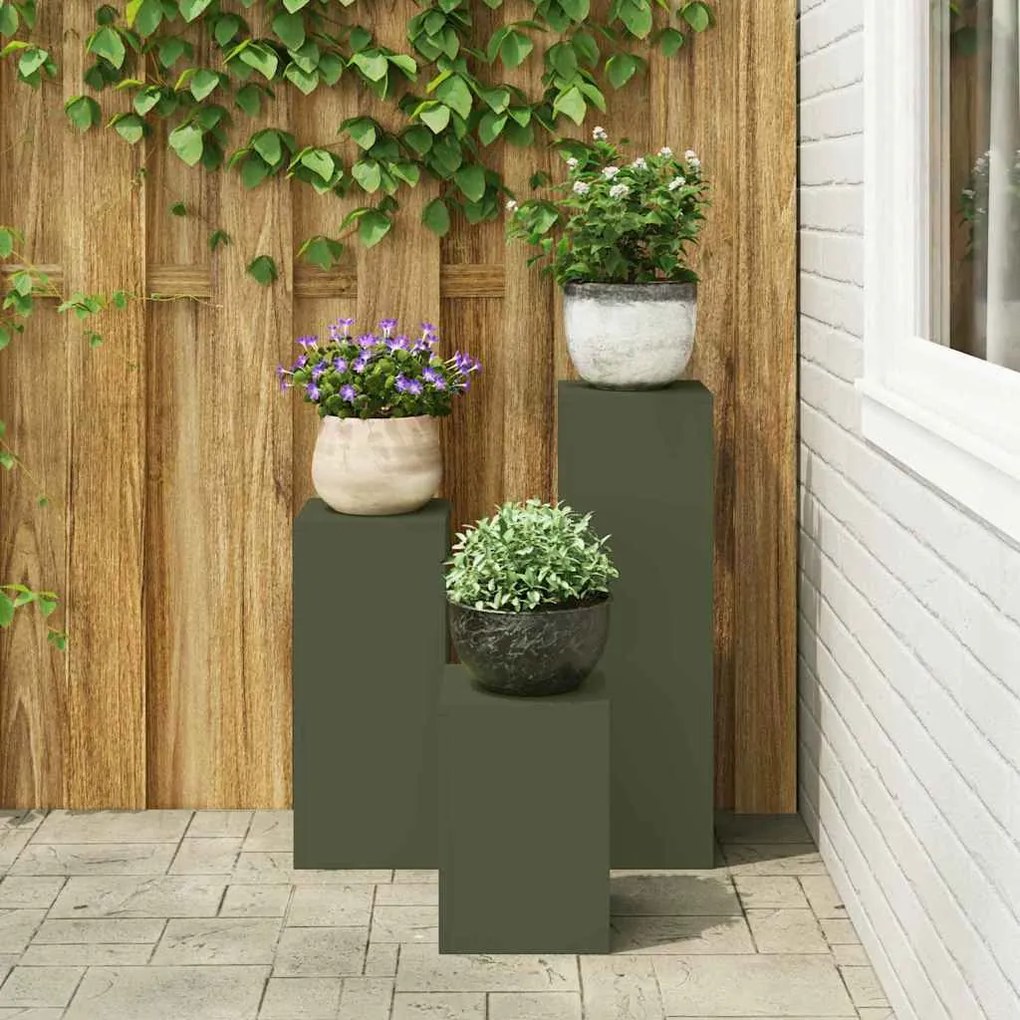 Suportes para Plantas ao Ar Livre Pilar 3 pcs Verde-Azeitona Aço