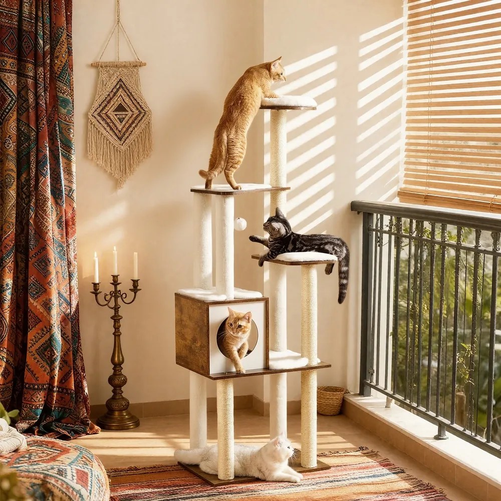 Arranhador gatos com 5 colunas para arranhar 58 x 40 x 165 cm castanho