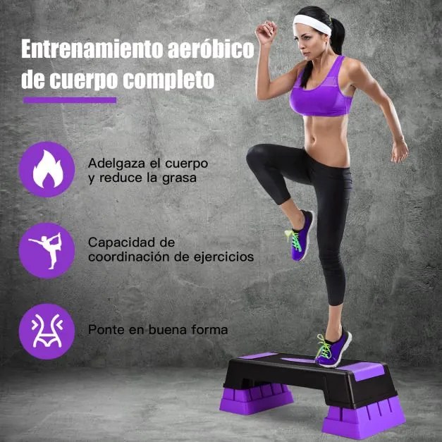 Stepper para aeróbica com degraus Step Fitness com altura regulável 12/17/22 cm com plataforma para casa ginásio violeta