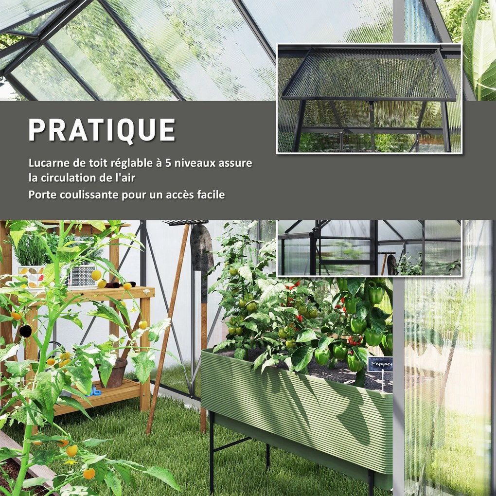Estufa de jardim em policarbonato 1,9 x 2,53 x 1,99 m com 4,8 m², com fundações, claraboia ajustável e porta de correr transparente