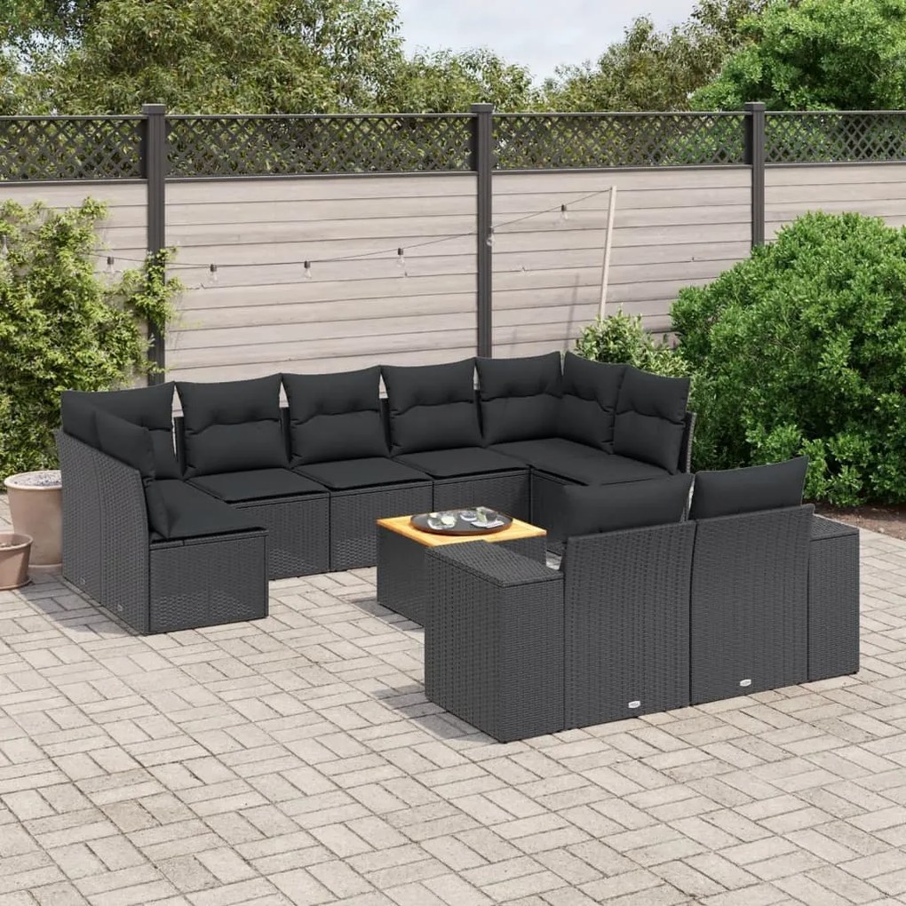 10 pcs conjunto sofás de jardim c/ almofadões vime PE preto