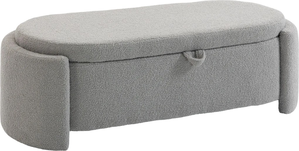 Puff de Armazenamento Banco Ovalado 129x48,5x44 cm Estofado em Tecido Teddy Capacidade 200 kg Cinzento Claro