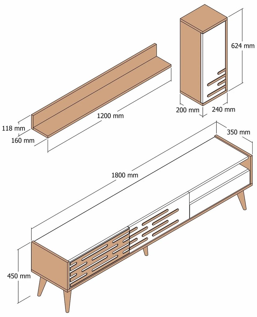Móvel TV Valensiya – Nogueira e Branco – 180 cm x 35 cm x 45 cm