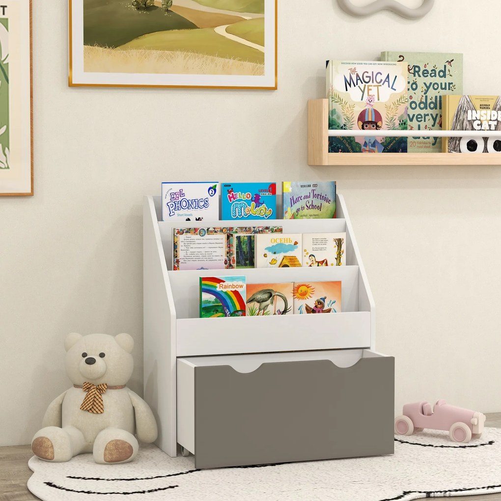 Estante Infantil para Livros e Brinquedos, 62,5 x 30 x 70 cm, 3 Prateleiras e Gaveta, Cinzento