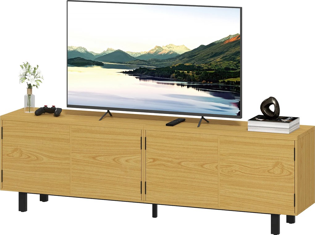 Móvel para televisão de 180 cm, móvel para televisão de 82 polegadas com 4 portas de abertura por pressão, 180 x 35 x 55,5 cm, madeira natural