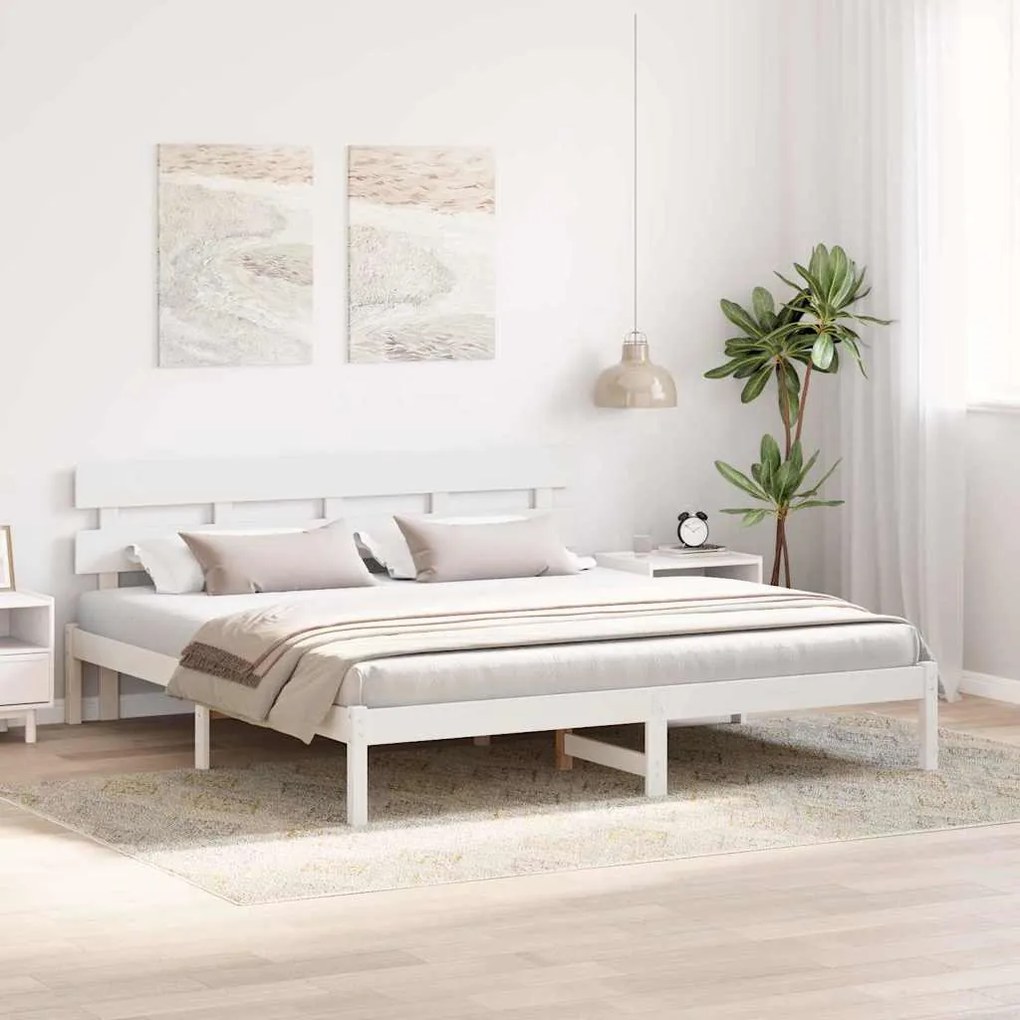 Estrado de Cama com Cabeceira Branco 180x200 cm Madeira Sólida de Pinh