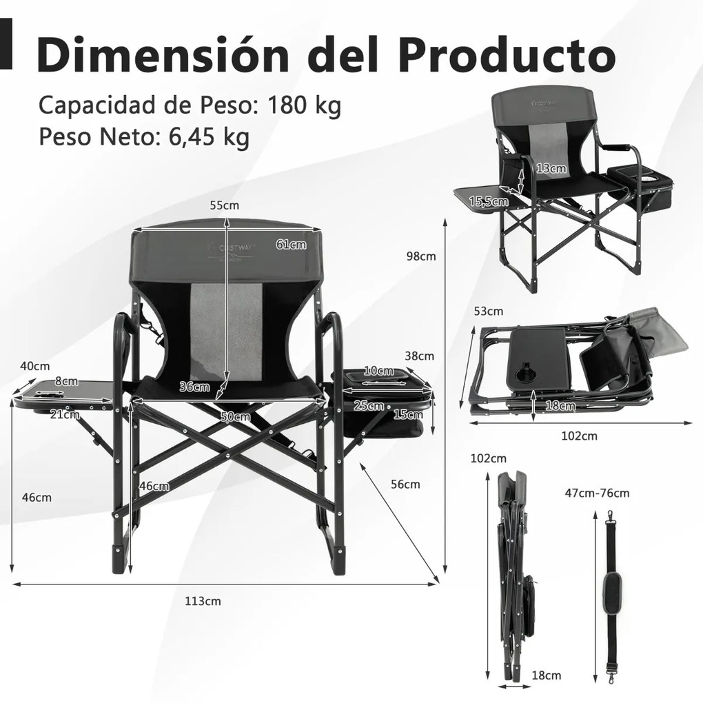 Cadeira de campismo dobrável Cadeira de diretor com mesa lateral Saco térmico Carga 180 kg para caminhadas Pesca Piquenique 113 x 56 x 98 cm Preta