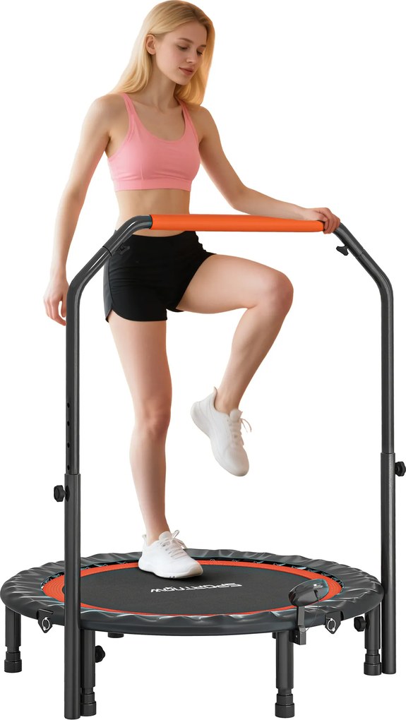 Trampolim de fitness e ginástica com alça ajustável, dobrável, 1,80 m, 28 molas, Ø 102 cm, preto e vermelho