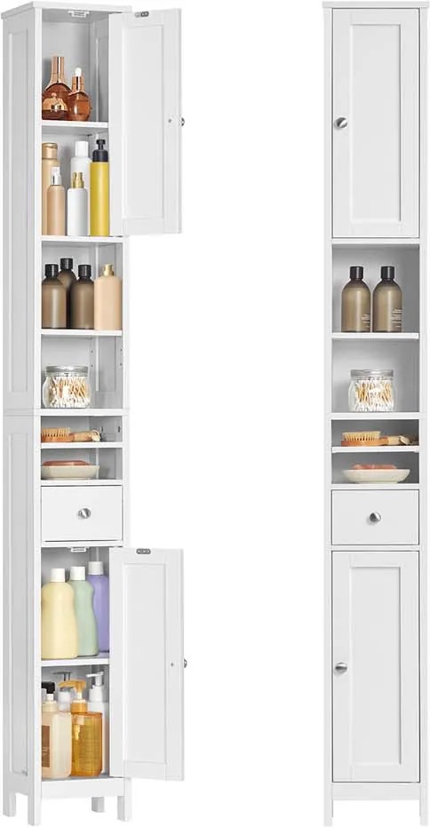 Armário de casa de banho com prateleiras ajustáveis e abertas 19,5 x 21,4 x 180 cm Branco