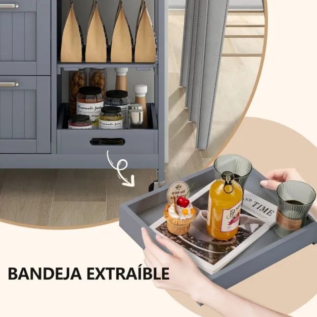 Carrinho de cozinha com tampo de madeira, 3 gavetas de armazenamento, 2 prateleiras removíveis e bandeja 67 x 37 x 83,5 cm Cinzento