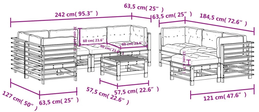 10 pcs conjunto lounge de jardim c/ almofadões pinho impregnado