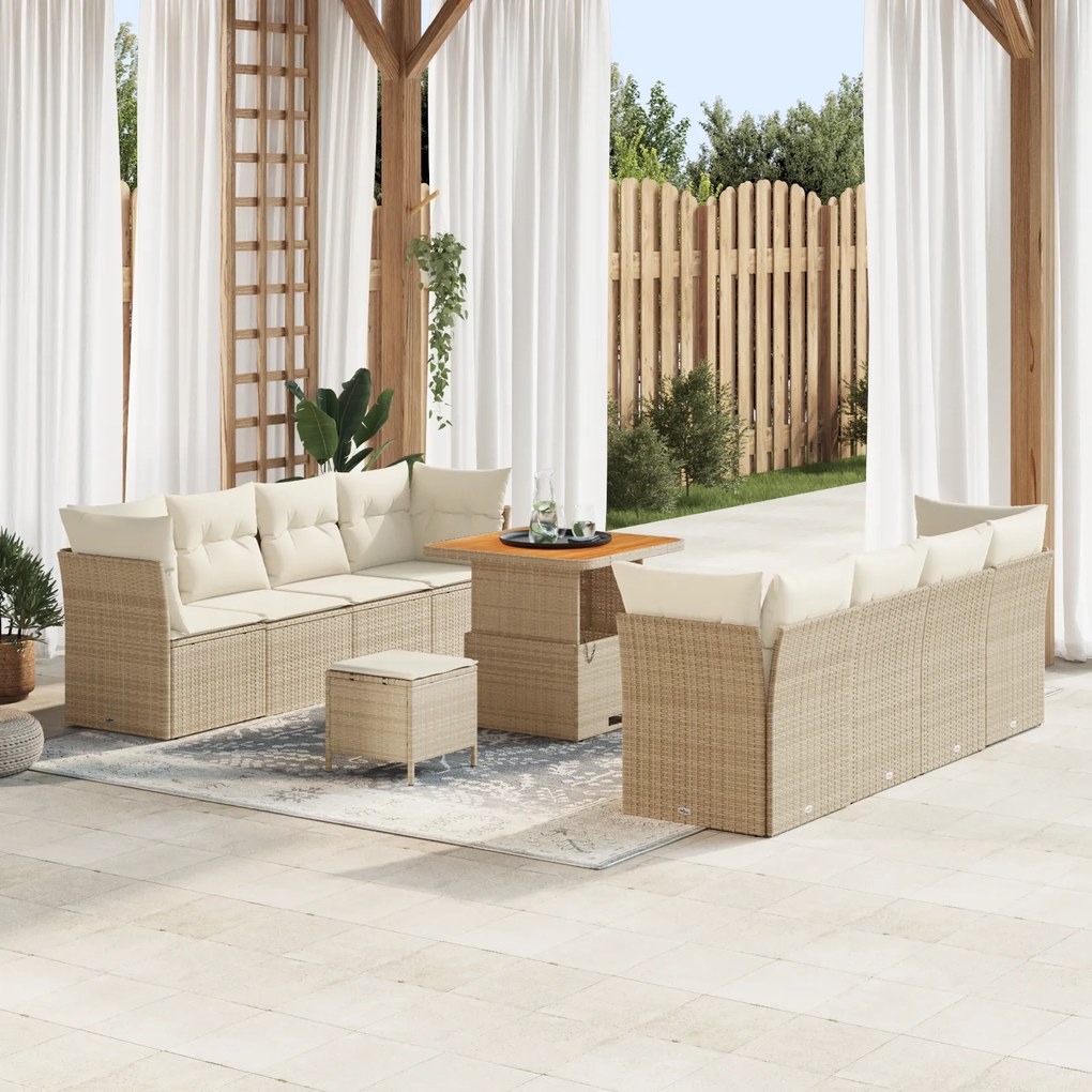 Conjunto de Sofá de Jardim de 11 Peças com Almofadas Bege Rattan Acáci