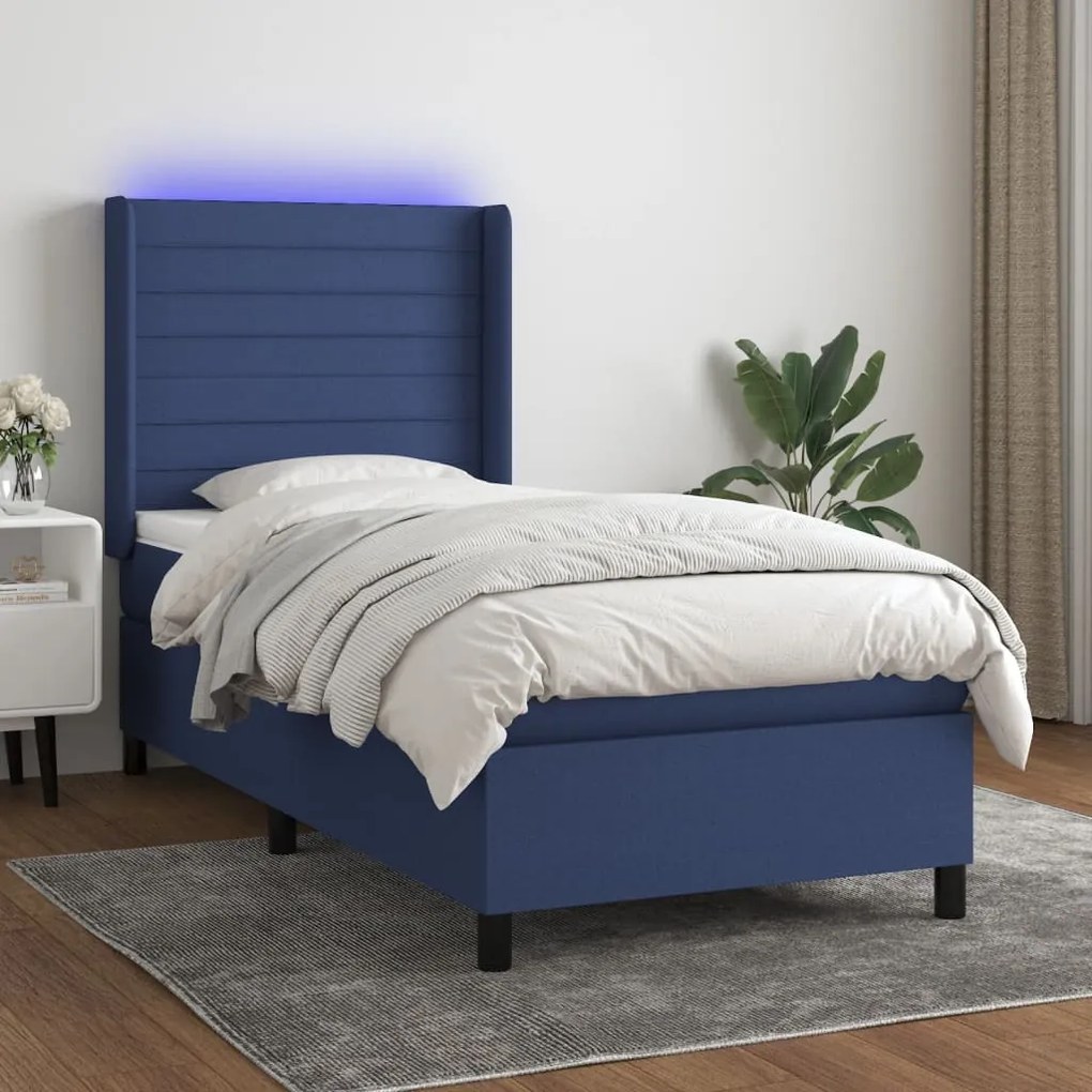 Cama box spring c/ colchão e LED 90x190 cm tecido azul