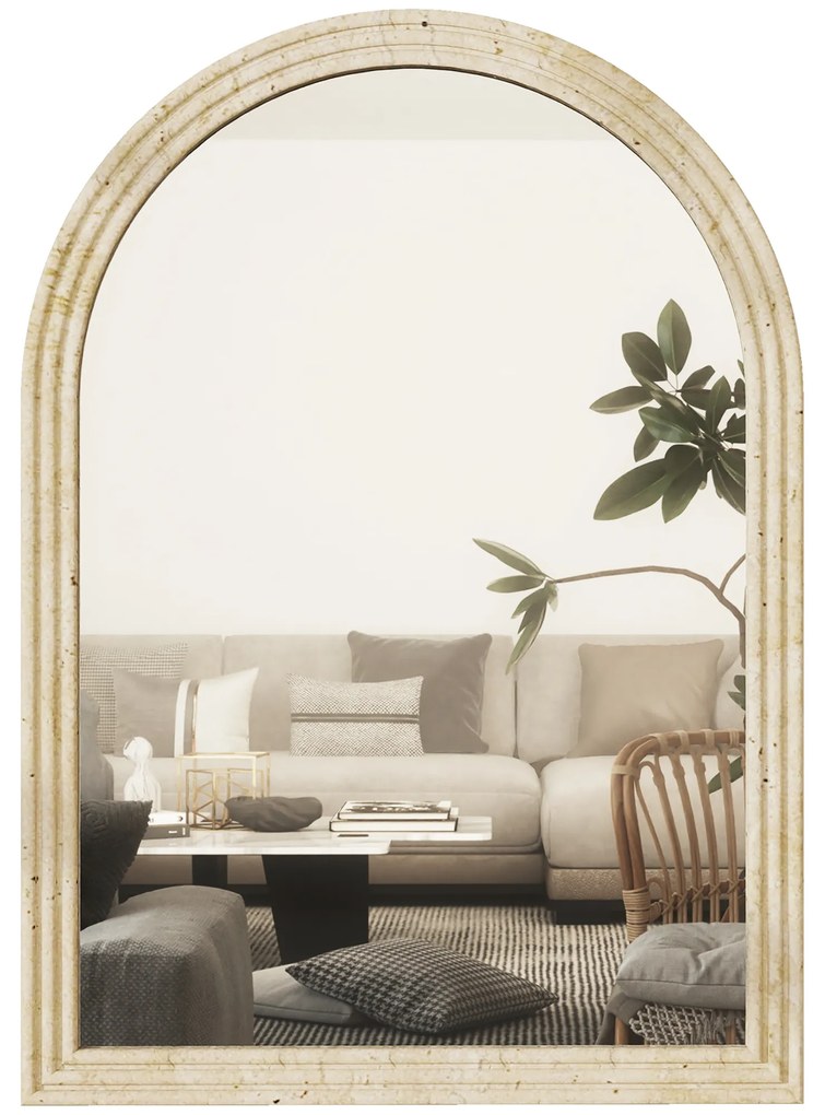 HOMCOM Espelho de Parede Arqueado Espelho de Casa de Banho 60x90 cm com Moldura de Imitação de Pedra Bege | Aosom Portugal