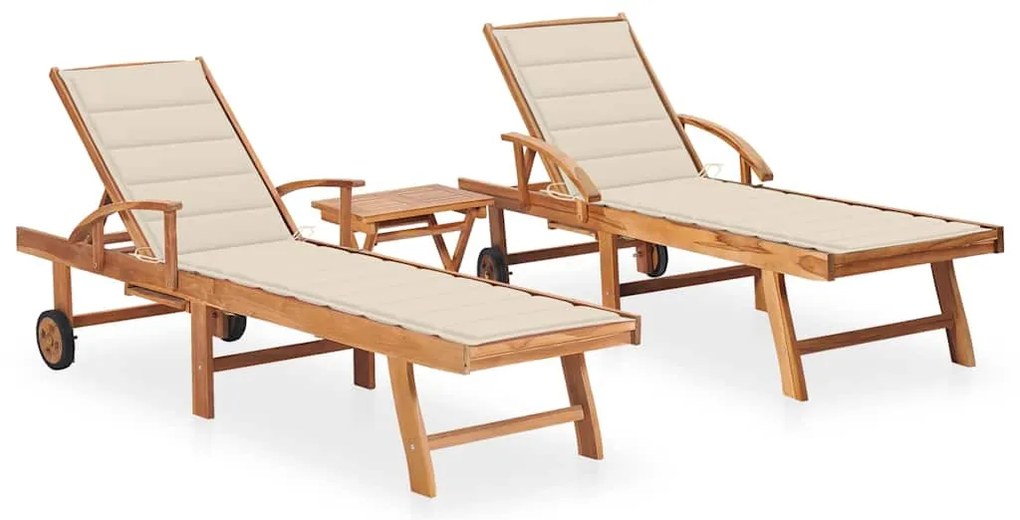 Espreguiçadeiras com mesa e almofadão 2 pcs teca maciça