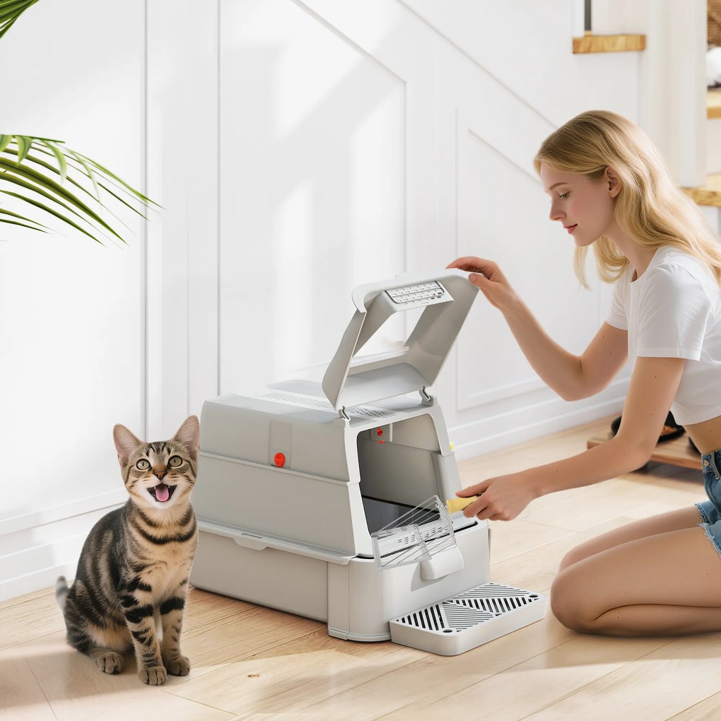 Caixa de Areia para Gatos de Aço Inoxidável XL com Tampa Articulada 180° Laterais Altas Pedal Pá 63x43x43 cm Cinza Claro