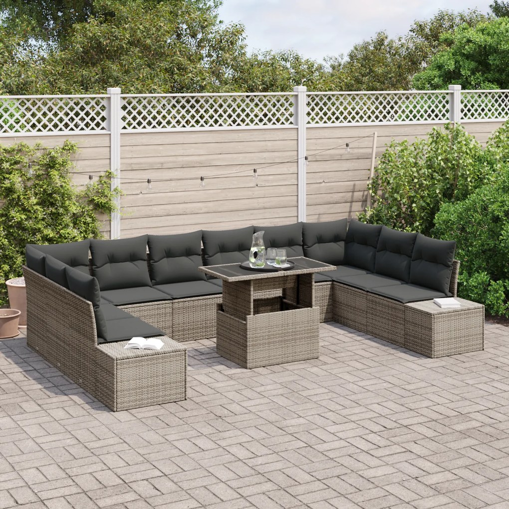 Conjunto de Sofá de Jardim de 11 Peças com Almofadas Cinza em Rattan S