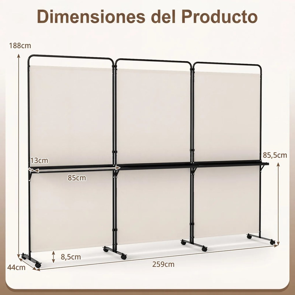 Biombo Dobrável de 3 Painéis, 259 x 44 x 188 cm, 8 Rodas com Travão, Branco