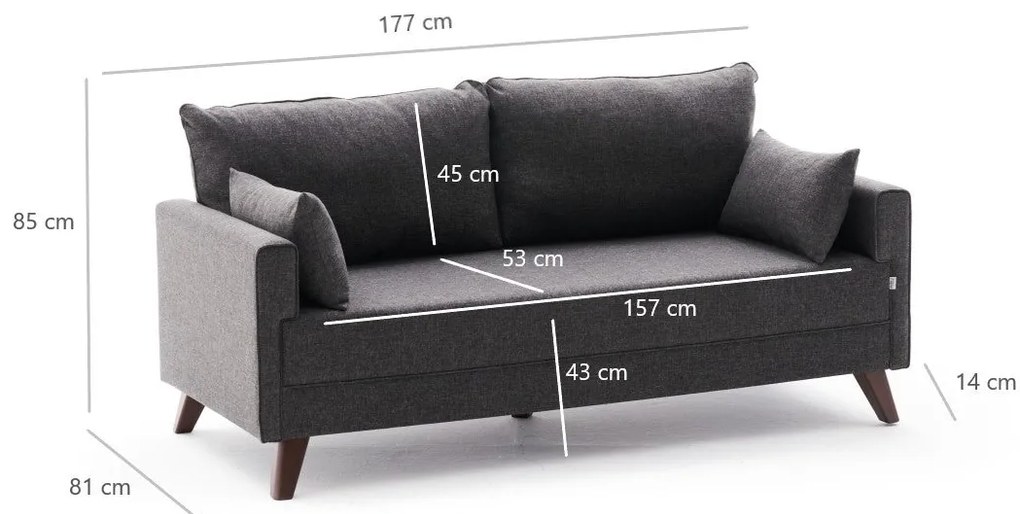 Sofá de 2 Lugares Bella – Antracite – 177 x 85 x 81 cm
