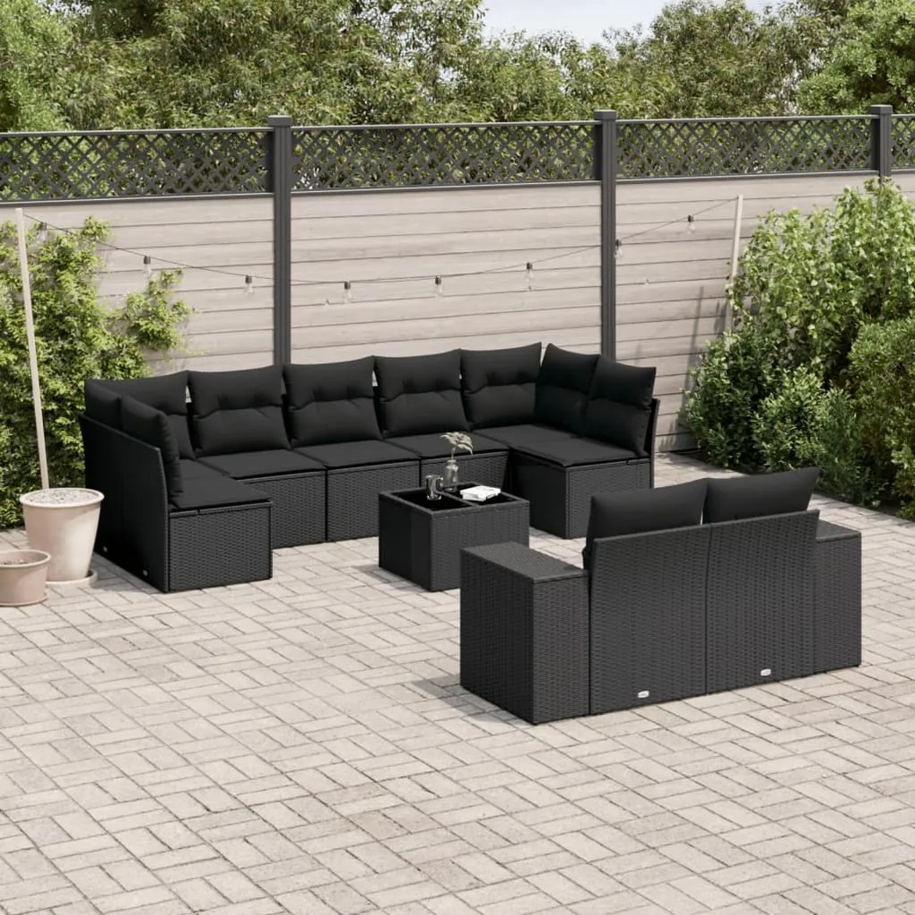 10 pcs conjunto sofás de jardim c/ almofadões vime PE preto