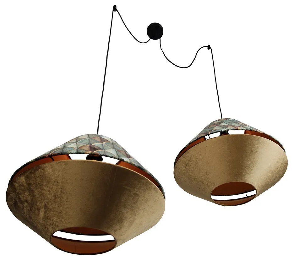 Candeeiro suspenso preto com abajur duplo de veludo com design de folha e bege 2 luzes - Cava Luxe Clássico / Antigo