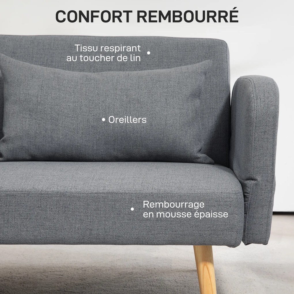 Sofá-cama de 3 lugares de design 170 (L) x 83 (P) x 80 (A) cm, com encosto reclinável e braços ajustáveis, em tecido cinzento com efeito de linho