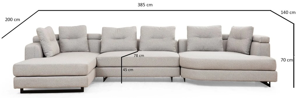 Sofá de Canto Padova Corner – Cinzento Claro – 140 cm x 385 cm x 200 c