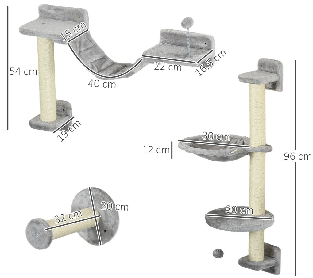 Prateleiras de Escalada para Gatos de Parede com Rede Plataformas Poste de Sisal e Escada 84,5x19x54 cm Cinza e Bege