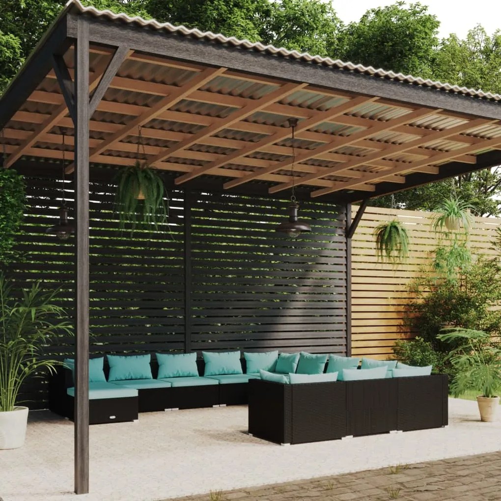 vidaXL 12 pcs conjunto lounge de jardim c/ almofadões vime PE preto