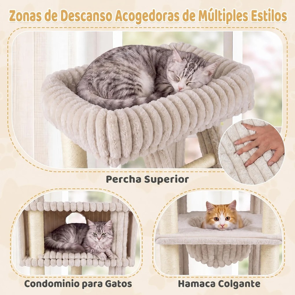 Árvore para Gatos Multinível, 91 x 61 x 180 cm, Sistema Antitombo, Bege