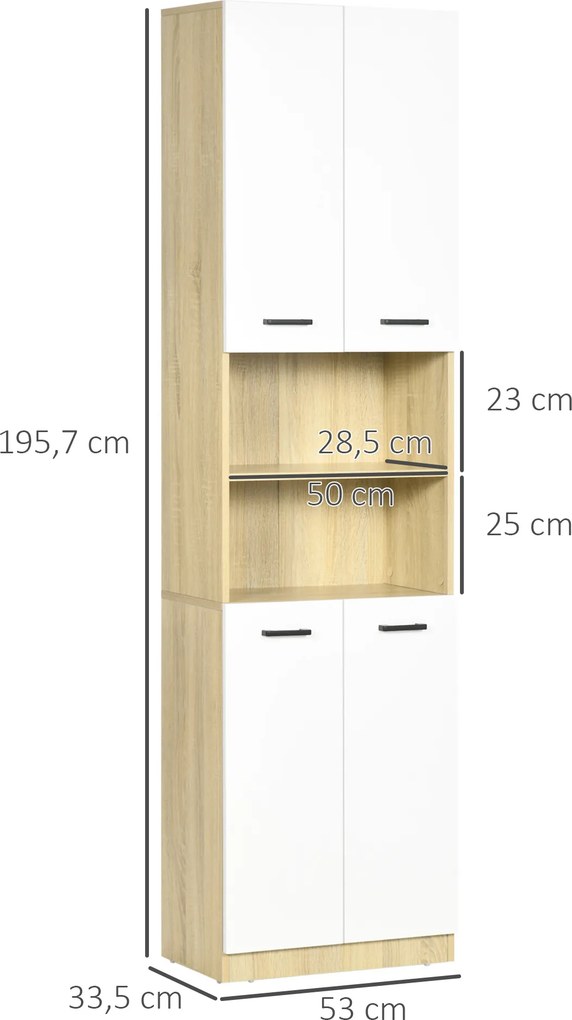 Coluna Casa de Banho Armário Alto Casa de Banho com 4 Portas 2 Prateleiras Abertas e Ajustáveis 53x34x196cm Branco e Madeira