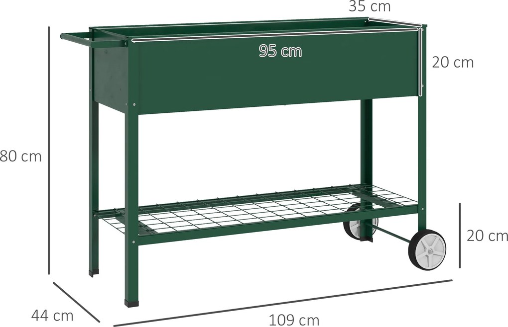 Floreira Vertical Elevada de Metal Horta Vertical com Rodas Alça Lateral e Prateleira Inferior para Cultivo 109x44x80 cm Verde