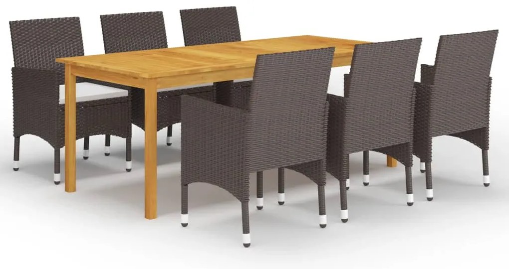 7 pcs conjunto de jantar para jardim com almofadões castanho