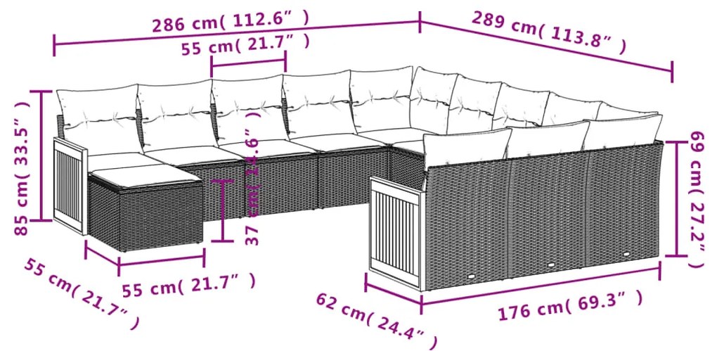 12 pcs conjunto de sofás jardim c/ almofadões vime PE cinzento