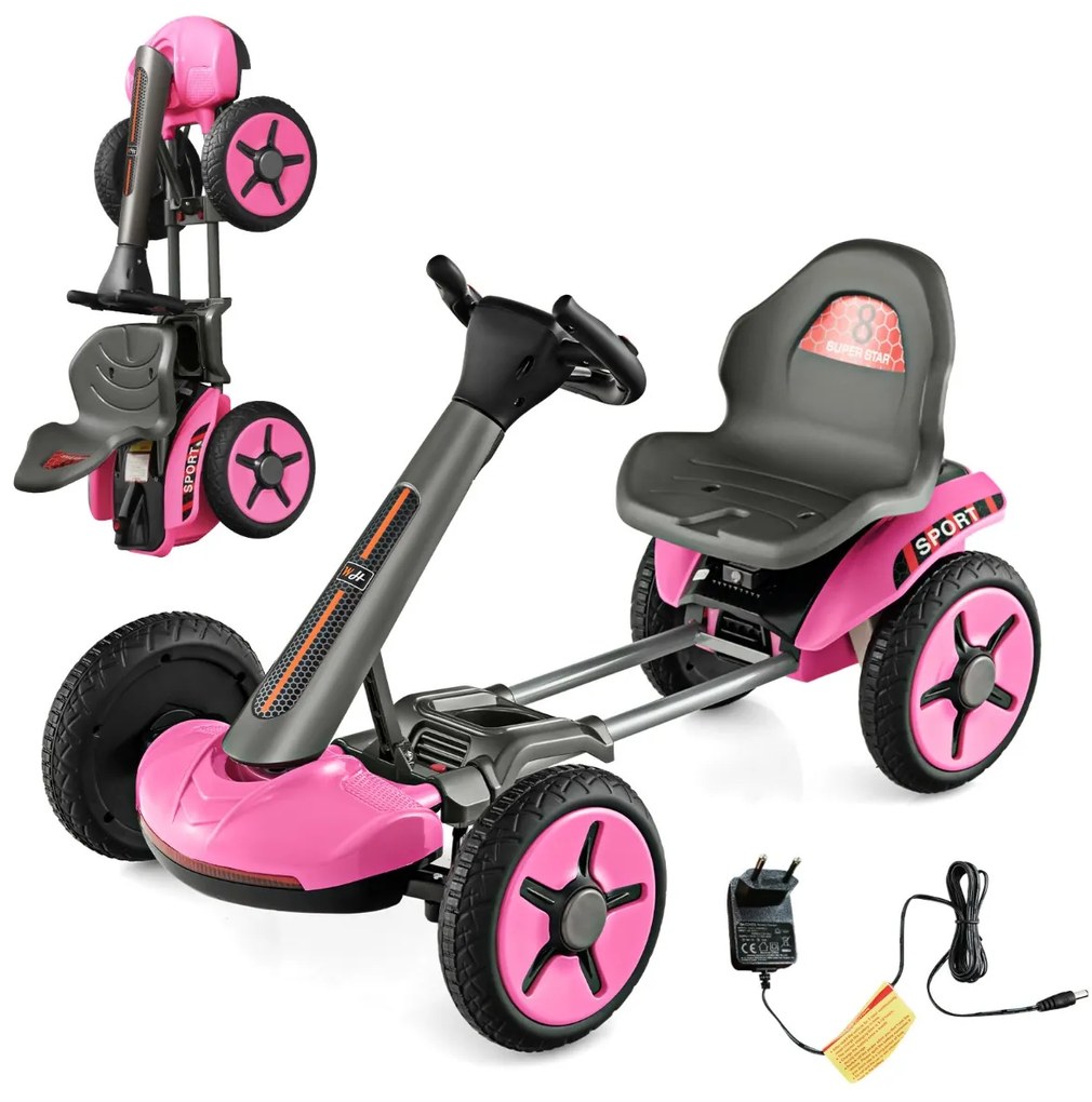 Kart elétrico para crianças 12v dobrável de 4 rodas com assento ajustável em 2 posições e arranque por botão 85 x 50 x 50 cm Rosa